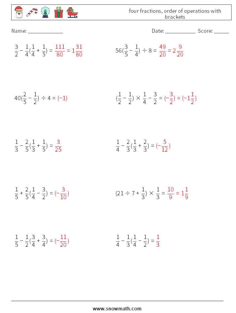 four fractions, order of operations with brackets Maths Worksheets 13 Question, Answer