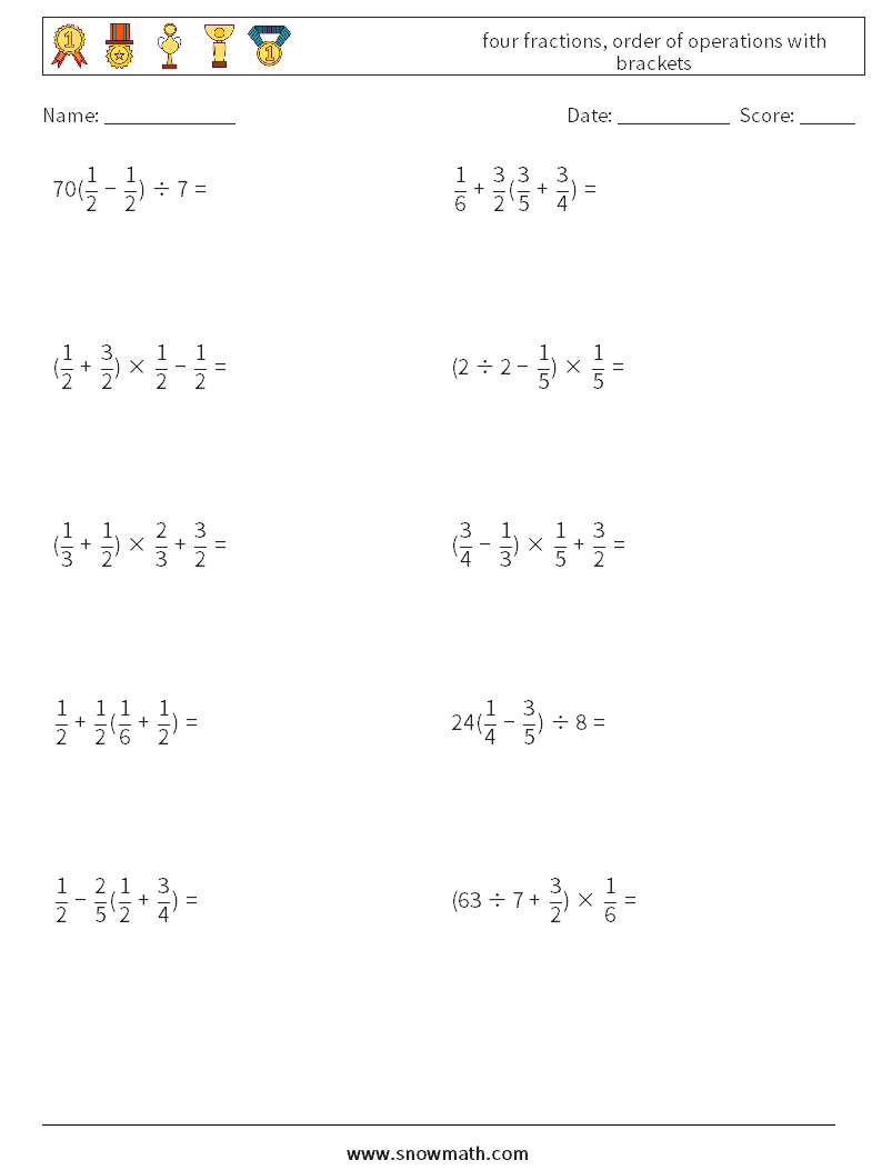 four fractions, order of operations with brackets Maths Worksheets 14