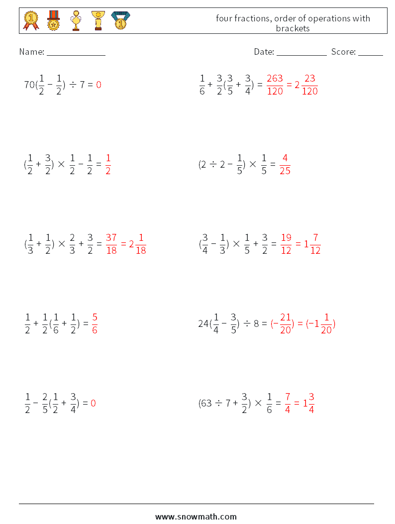 four fractions, order of operations with brackets Maths Worksheets 14 Question, Answer