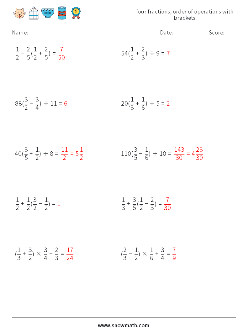four fractions, order of operations with brackets Maths Worksheets 15 Question, Answer