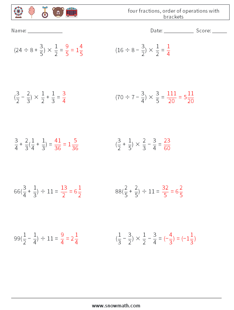 four fractions, order of operations with brackets Maths Worksheets 16 Question, Answer