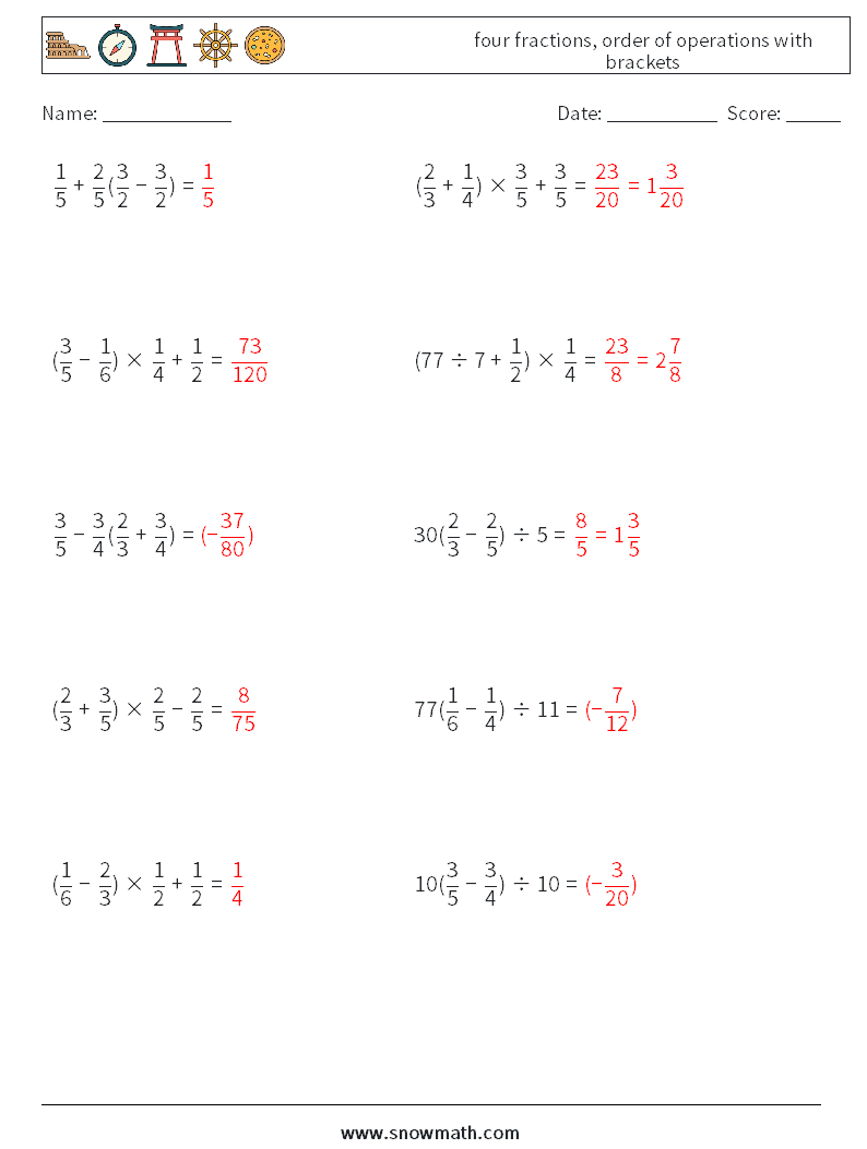 four fractions, order of operations with brackets Maths Worksheets 17 Question, Answer