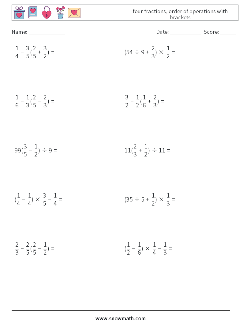 four fractions, order of operations with brackets Maths Worksheets 18