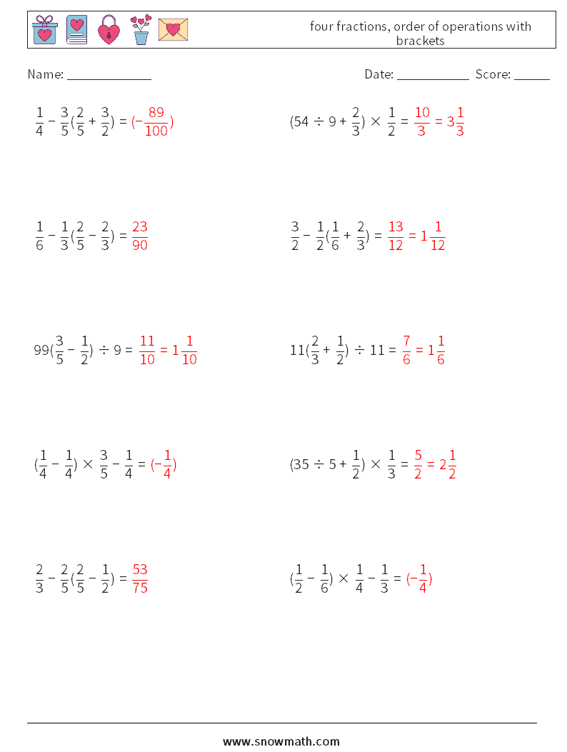 four fractions, order of operations with brackets Maths Worksheets 18 Question, Answer