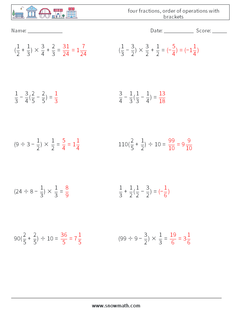 four fractions, order of operations with brackets Maths Worksheets 1 Question, Answer