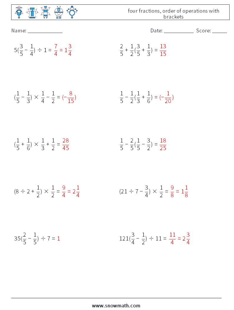 four fractions, order of operations with brackets Maths Worksheets 2 Question, Answer