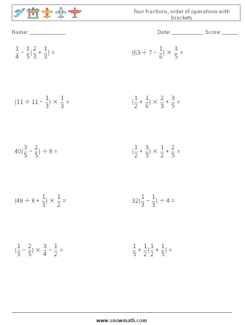 four fractions, order of operations with brackets Maths Worksheets 3