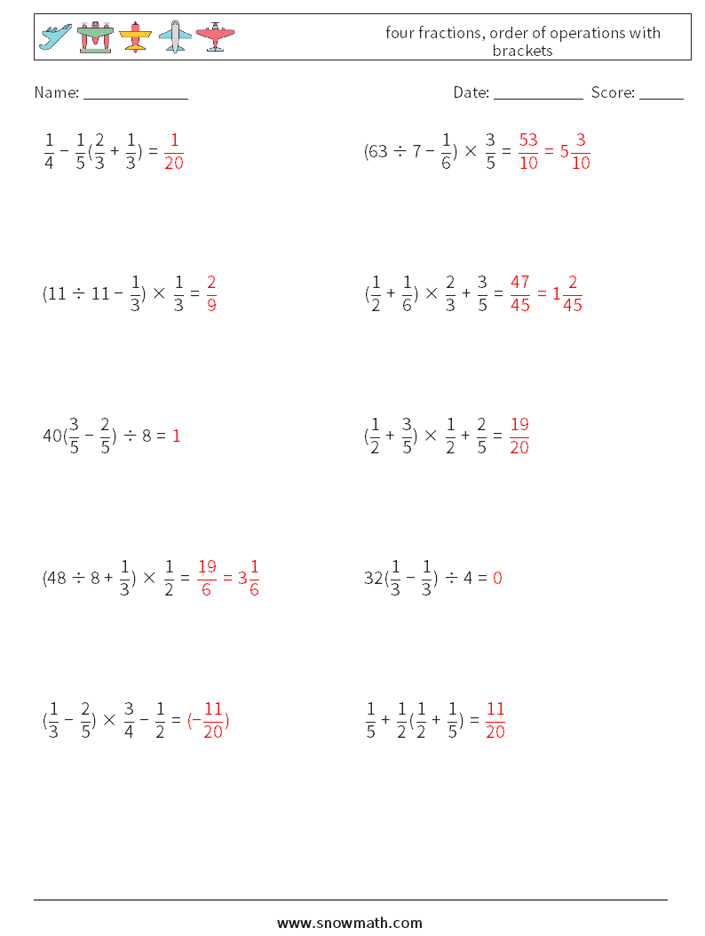 four fractions, order of operations with brackets Maths Worksheets 3 Question, Answer