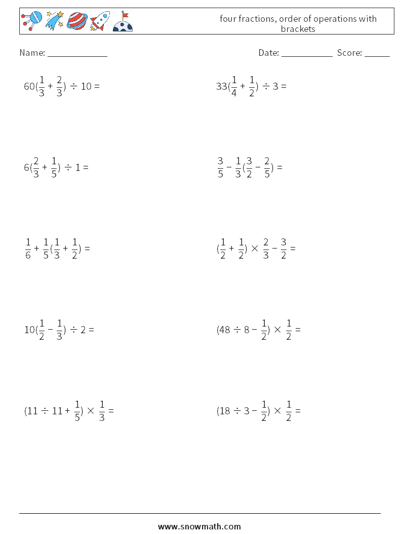 four fractions, order of operations with brackets Maths Worksheets 4