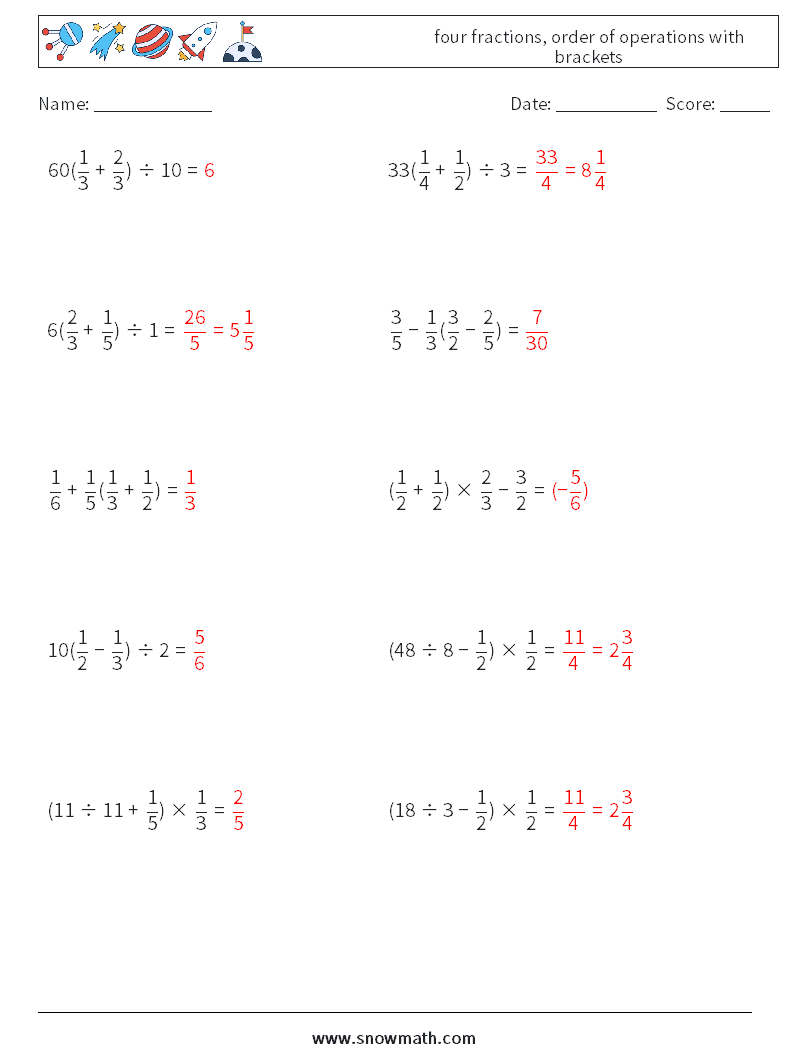four fractions, order of operations with brackets Maths Worksheets 4 Question, Answer