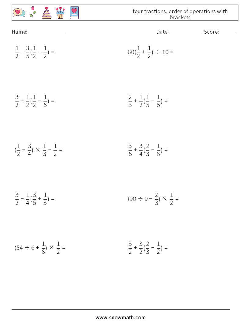 four fractions, order of operations with brackets Maths Worksheets 5