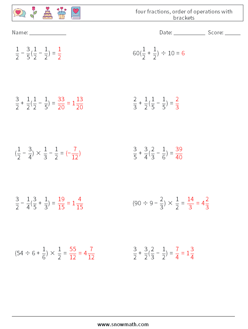 four fractions, order of operations with brackets Maths Worksheets 5 Question, Answer