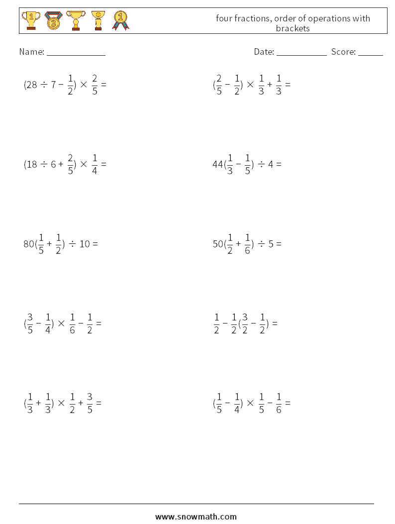 four fractions, order of operations with brackets Maths Worksheets 6