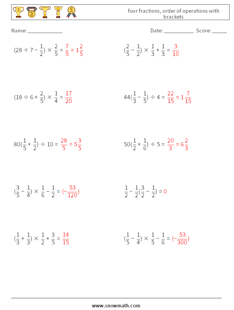 four fractions, order of operations with brackets Maths Worksheets 6 Question, Answer