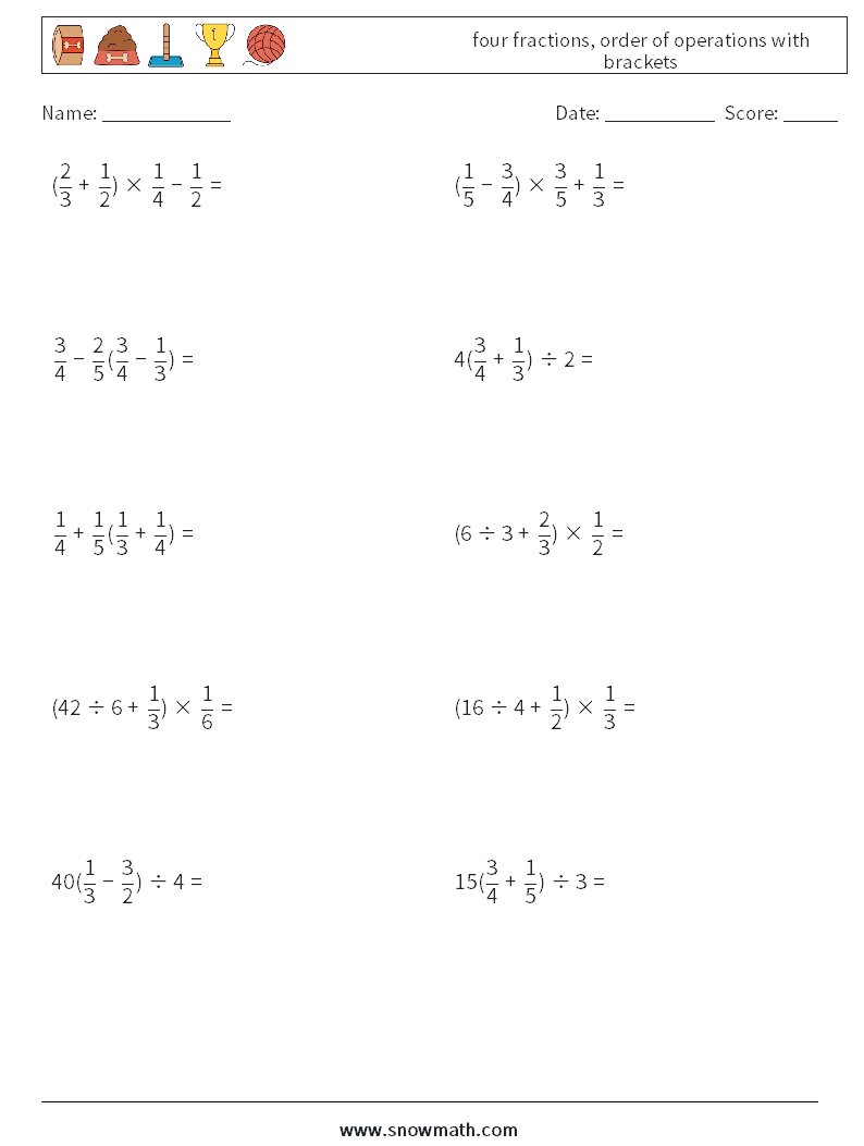 four fractions, order of operations with brackets Maths Worksheets 7