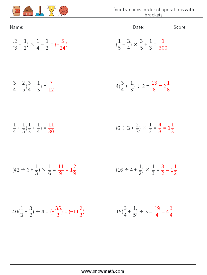 four fractions, order of operations with brackets Maths Worksheets 7 Question, Answer