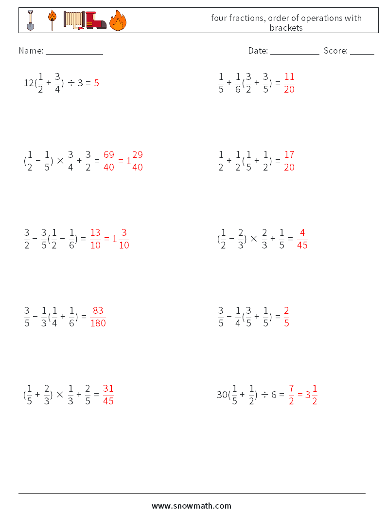 four fractions, order of operations with brackets Maths Worksheets 8 Question, Answer