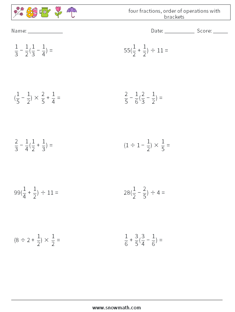 four fractions, order of operations with brackets Maths Worksheets 9