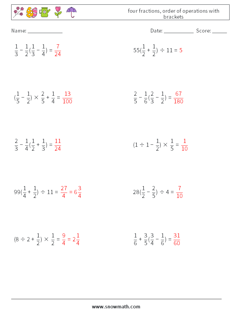 four fractions, order of operations with brackets Maths Worksheets 9 Question, Answer