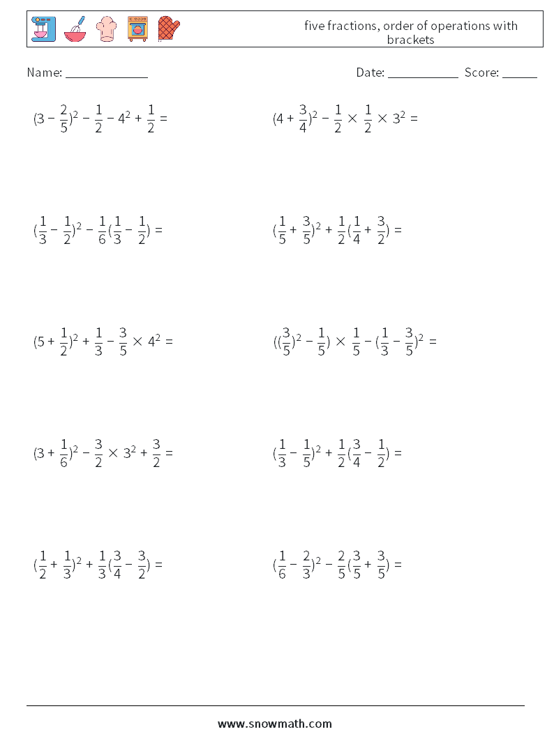 five fractions, order of operations with brackets Maths Worksheets 1
