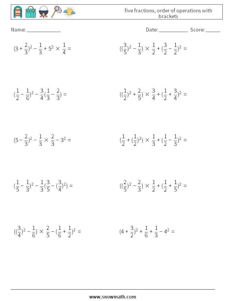 five fractions, order of operations with brackets Maths Worksheets 10