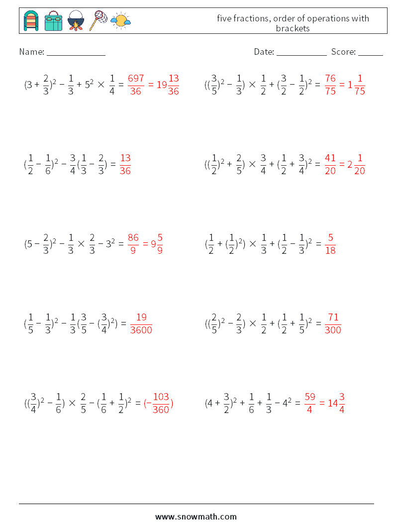 five fractions, order of operations with brackets Maths Worksheets 10 Question, Answer
