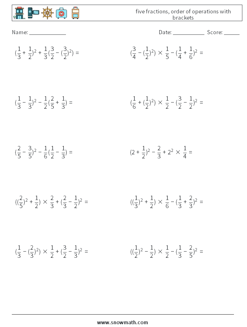 five fractions, order of operations with brackets Maths Worksheets 11