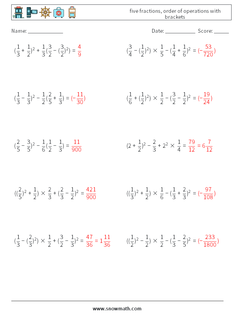 five fractions, order of operations with brackets Maths Worksheets 11 Question, Answer