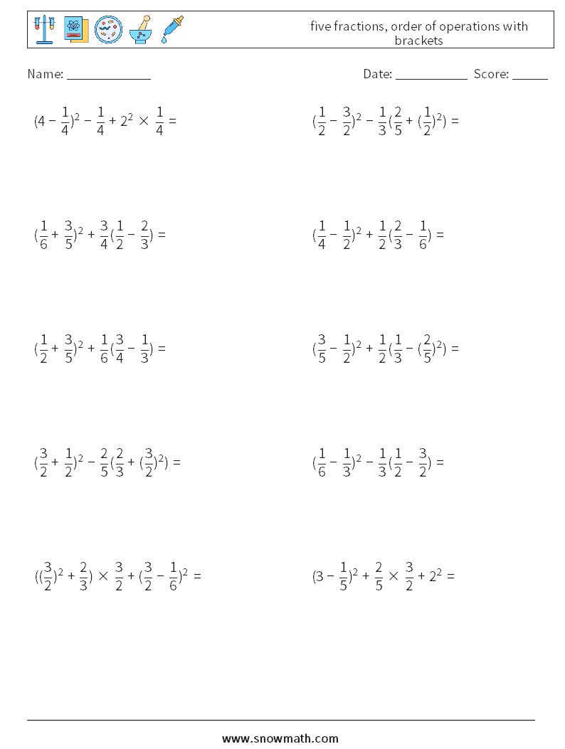 five fractions, order of operations with brackets Maths Worksheets 12