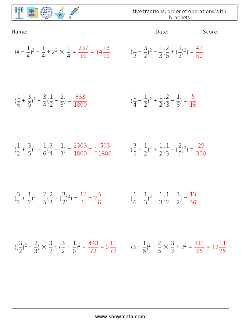 five fractions, order of operations with brackets Maths Worksheets 12 Question, Answer