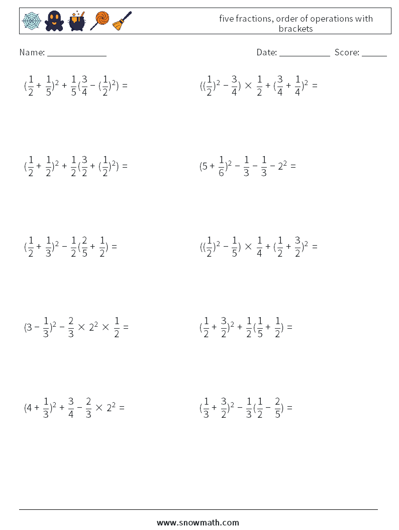 five fractions, order of operations with brackets Maths Worksheets 13
