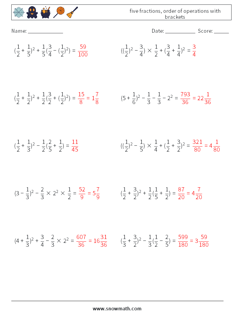 five fractions, order of operations with brackets Maths Worksheets 13 Question, Answer