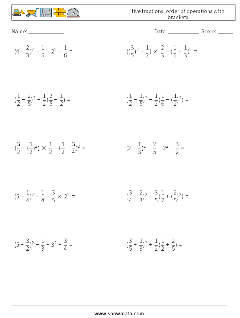 five fractions, order of operations with brackets Maths Worksheets 14