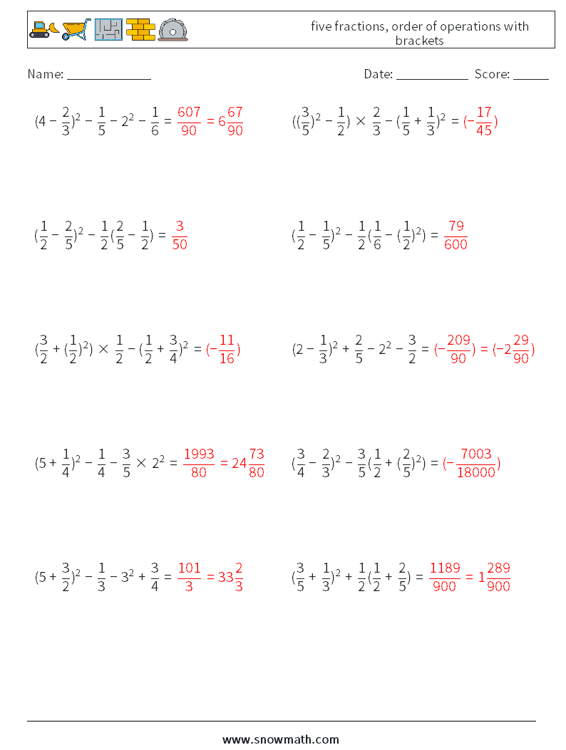 five fractions, order of operations with brackets Maths Worksheets 14 Question, Answer
