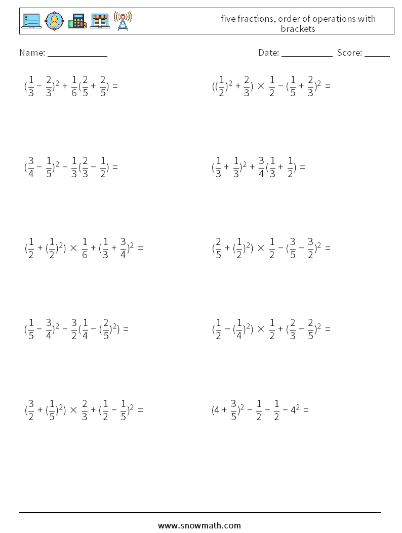 five fractions, order of operations with brackets Maths Worksheets 15