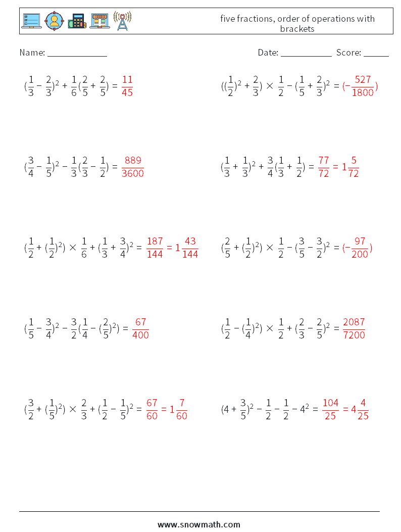 five fractions, order of operations with brackets Maths Worksheets 15 Question, Answer