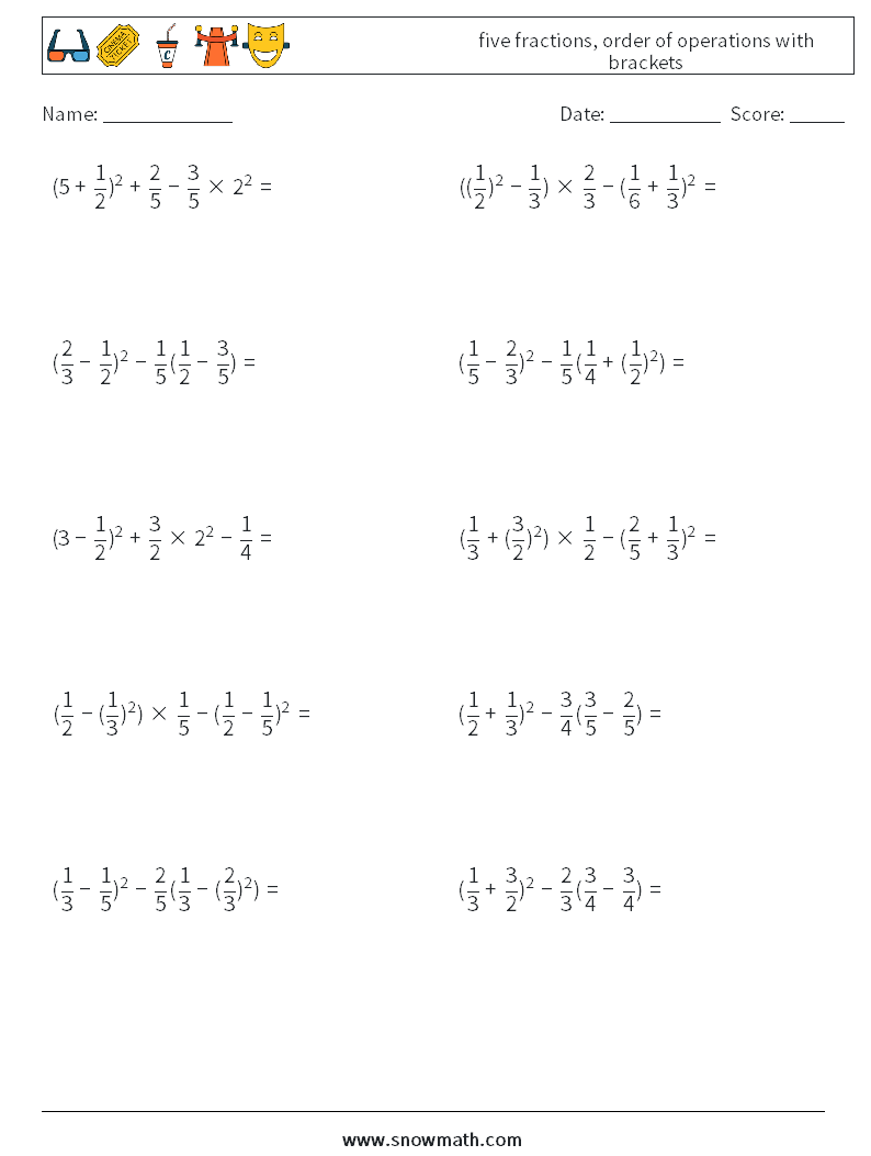 five fractions, order of operations with brackets Maths Worksheets 16