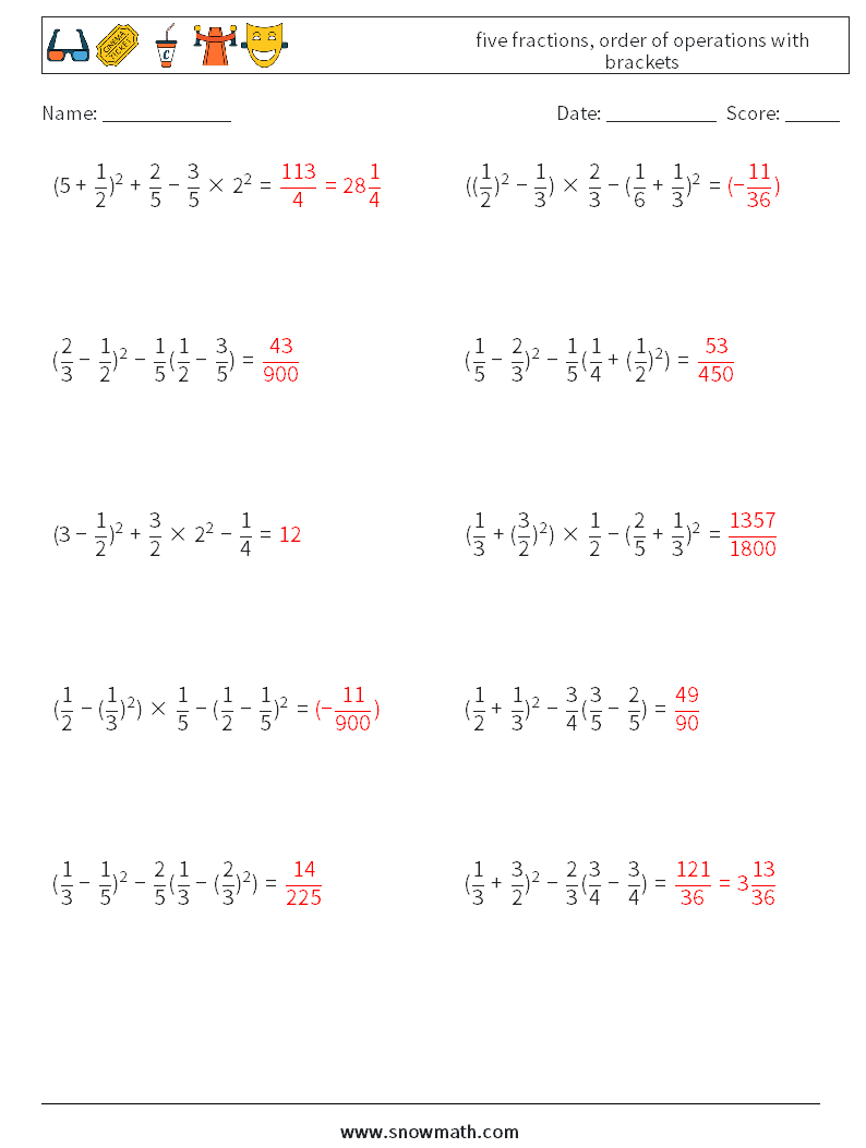 five fractions, order of operations with brackets Maths Worksheets 16 Question, Answer