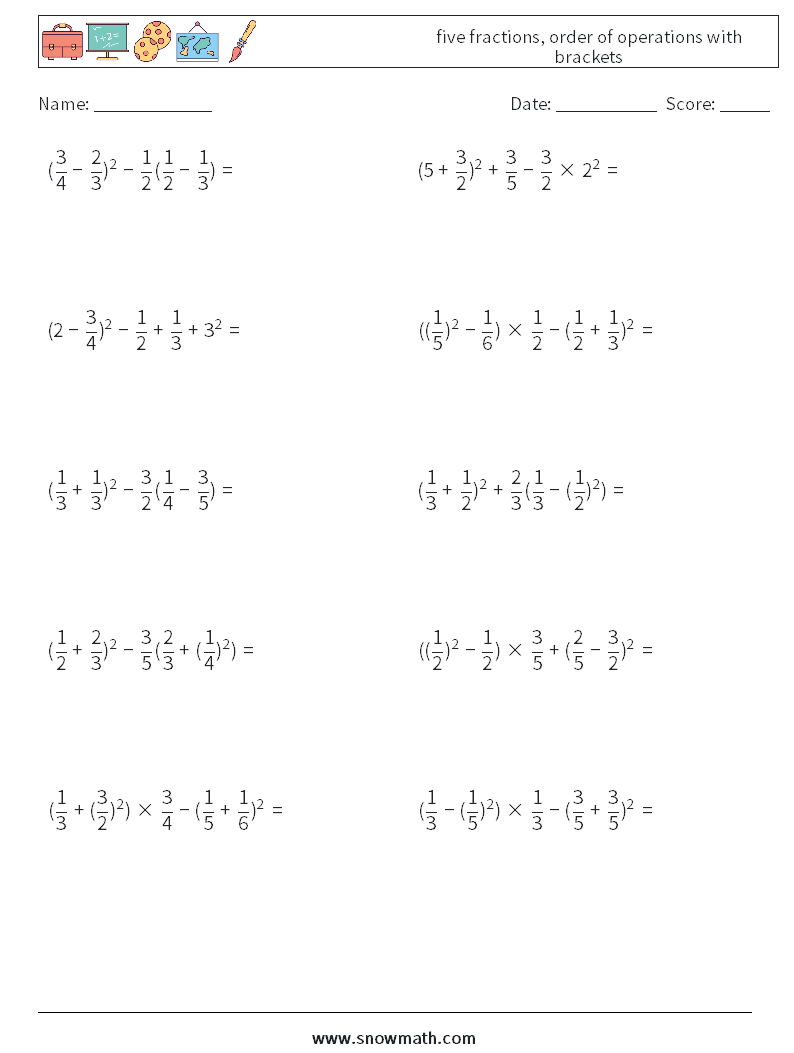 five fractions, order of operations with brackets Maths Worksheets 17