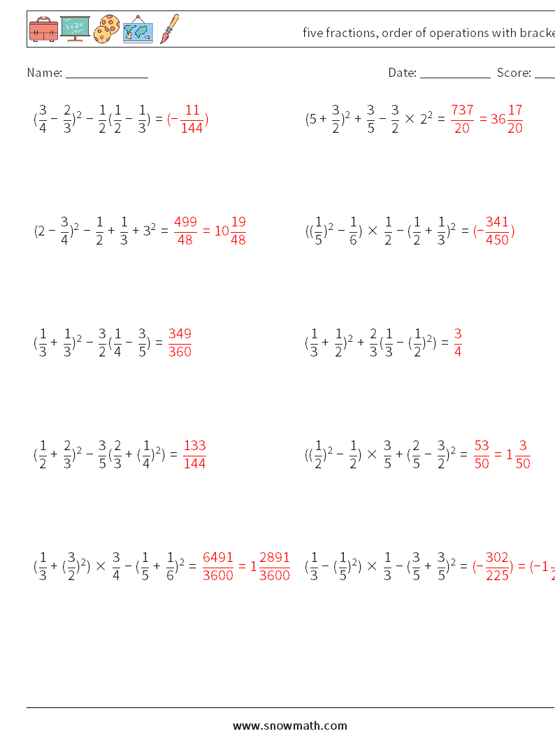 five fractions, order of operations with brackets Maths Worksheets 17 Question, Answer