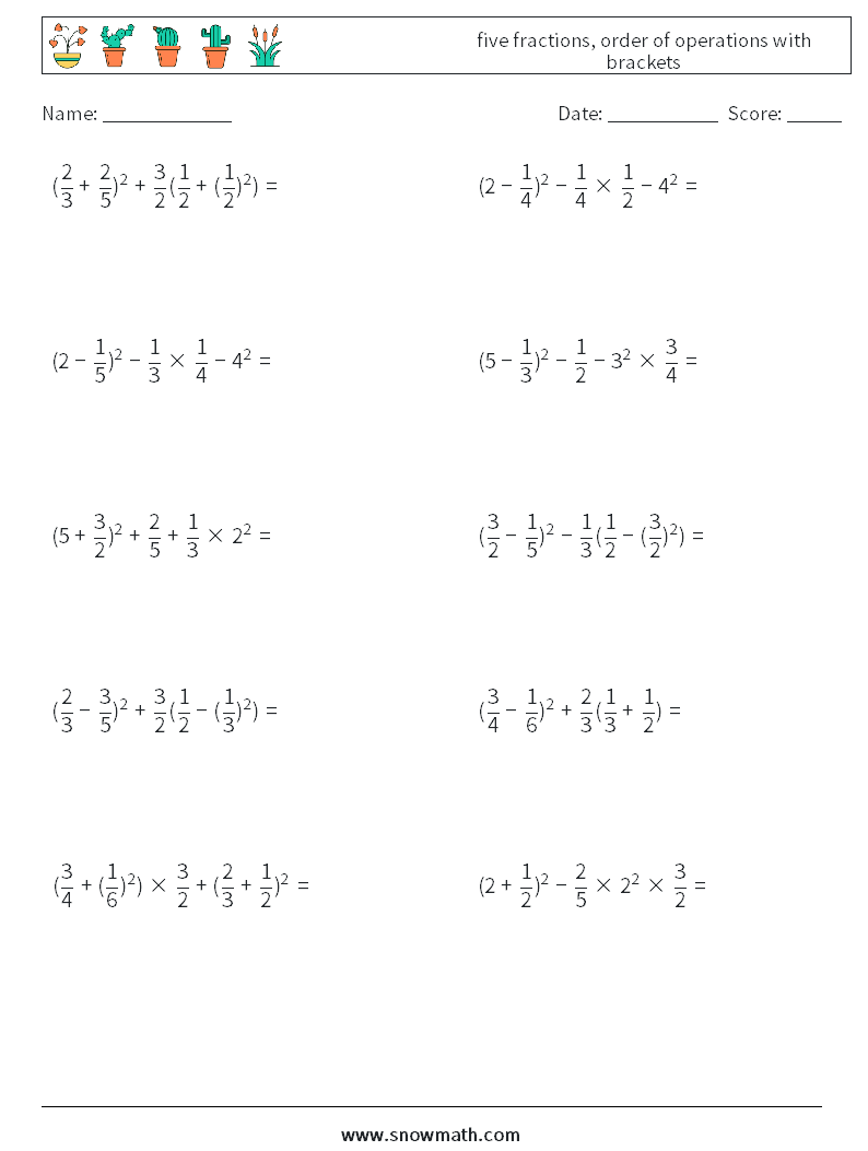 five fractions, order of operations with brackets Maths Worksheets 18