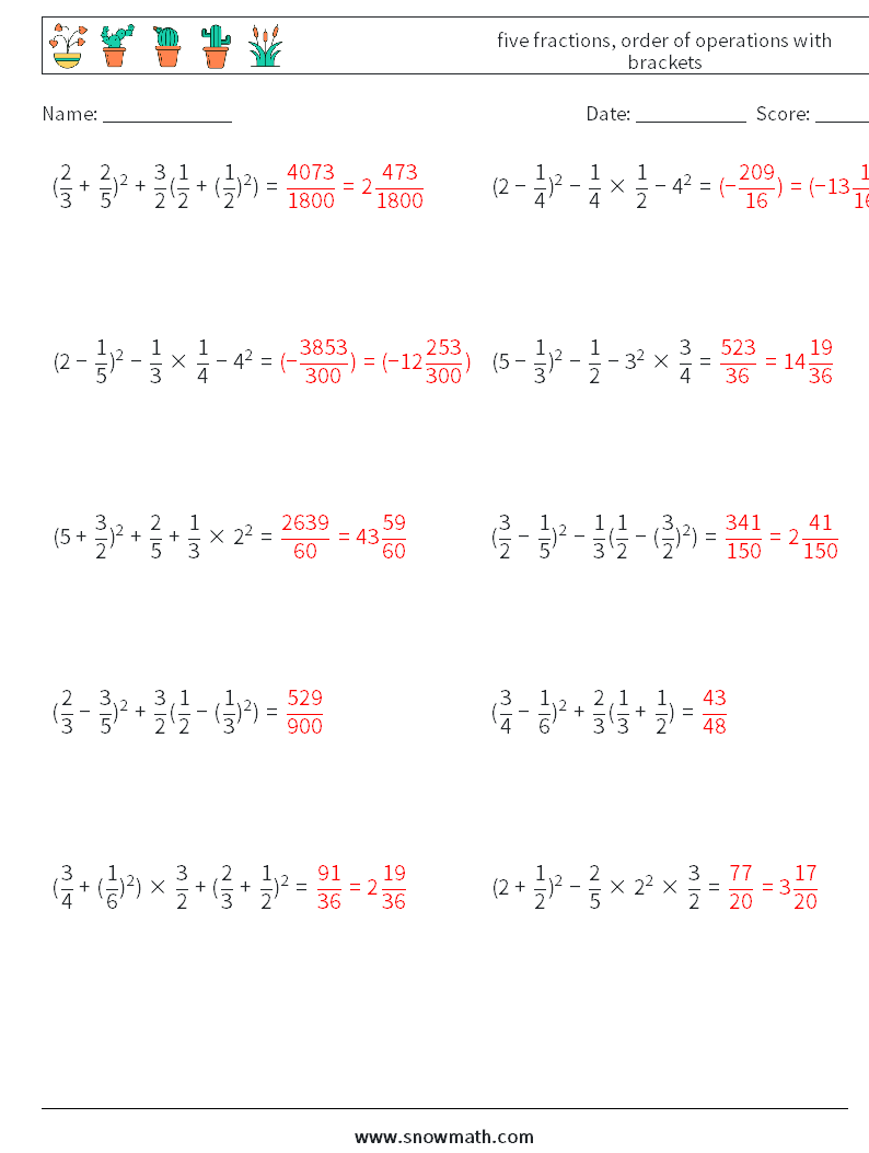 five fractions, order of operations with brackets Maths Worksheets 18 Question, Answer