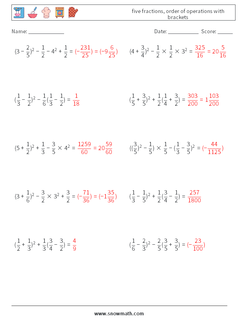 five fractions, order of operations with brackets Maths Worksheets 1 Question, Answer