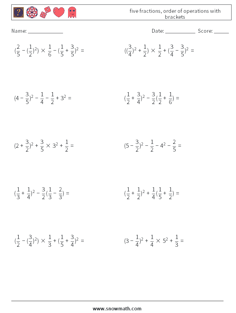 five fractions, order of operations with brackets Maths Worksheets 2
