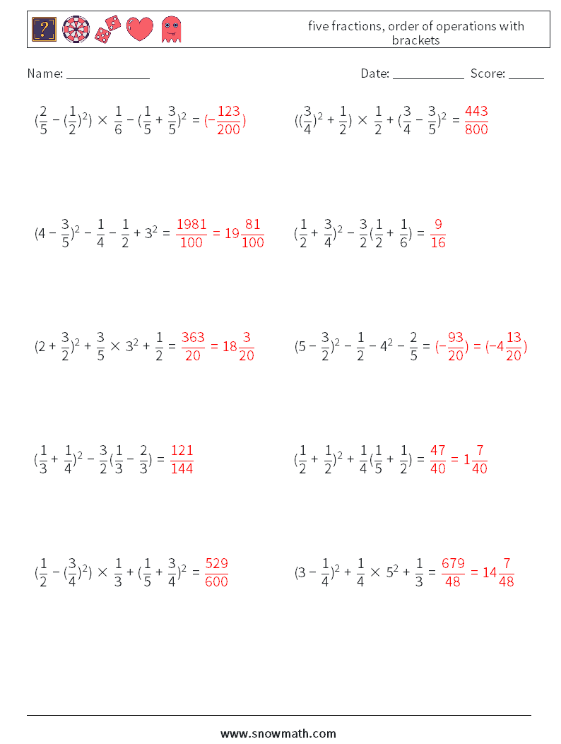 five fractions, order of operations with brackets Maths Worksheets 2 Question, Answer
