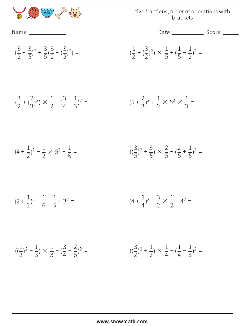 five fractions, order of operations with brackets Maths Worksheets 3