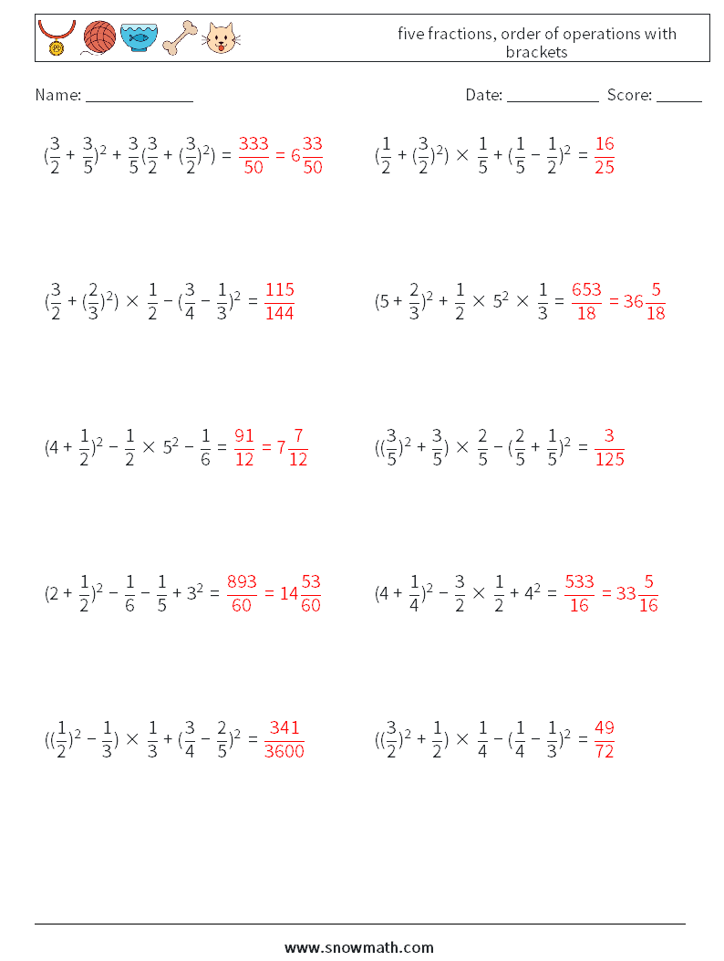 five fractions, order of operations with brackets Maths Worksheets 3 Question, Answer