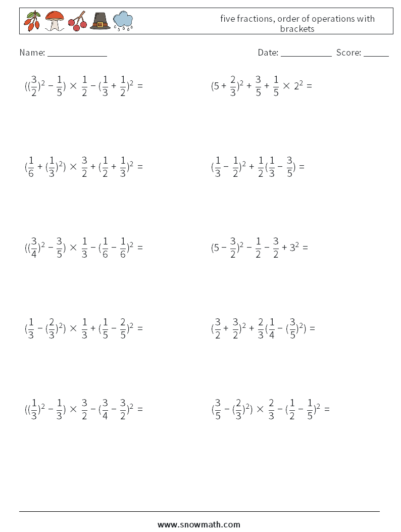 five fractions, order of operations with brackets Maths Worksheets 4