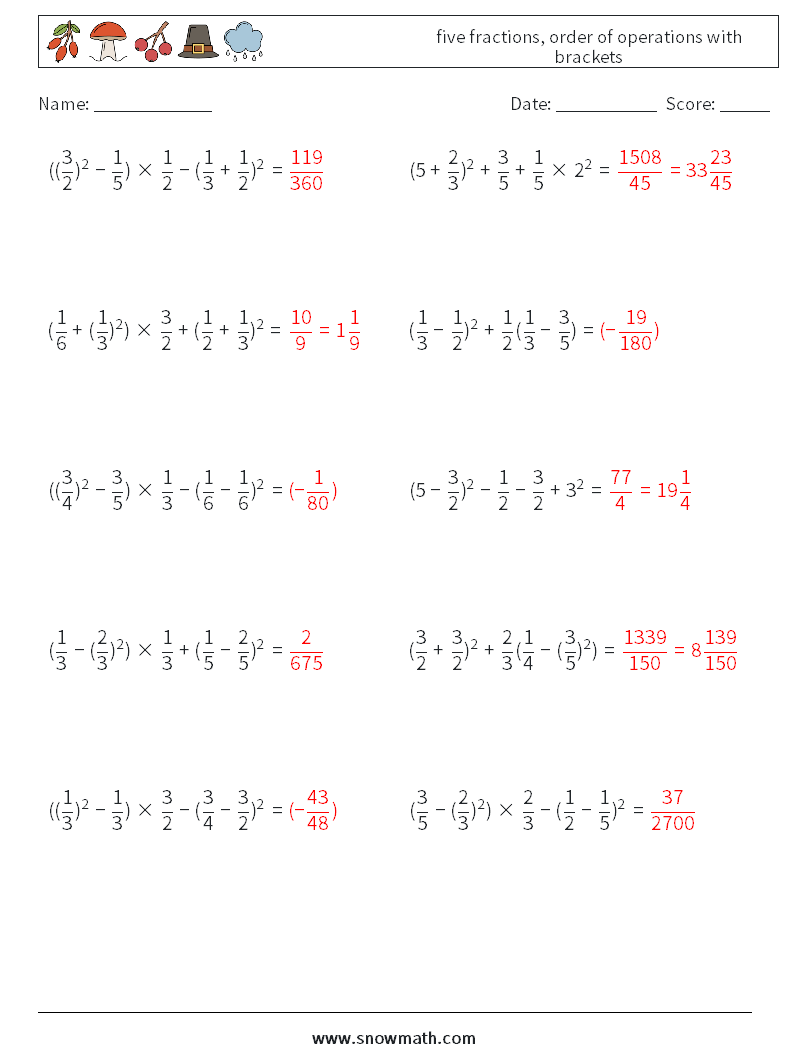 five fractions, order of operations with brackets Maths Worksheets 4 Question, Answer
