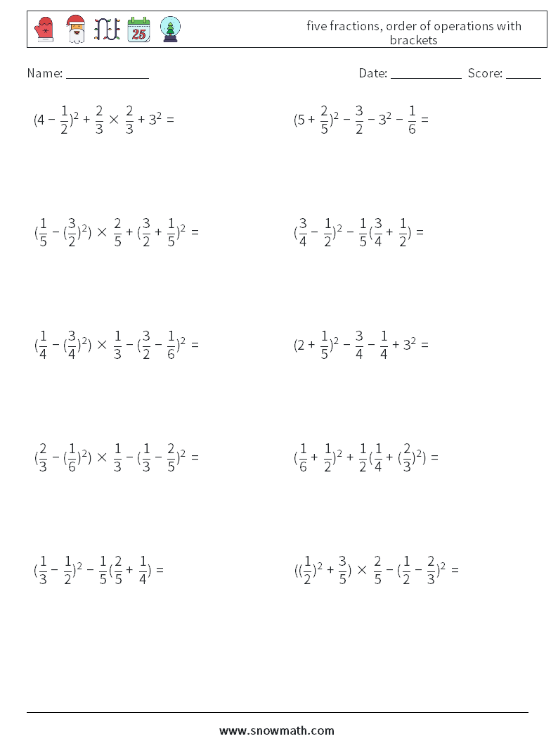 five fractions, order of operations with brackets Maths Worksheets 5